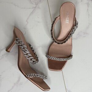 Gedebe Beige Satin LILY Crystal Embellished Chain Kitten Heel Mules Sandals 37.5